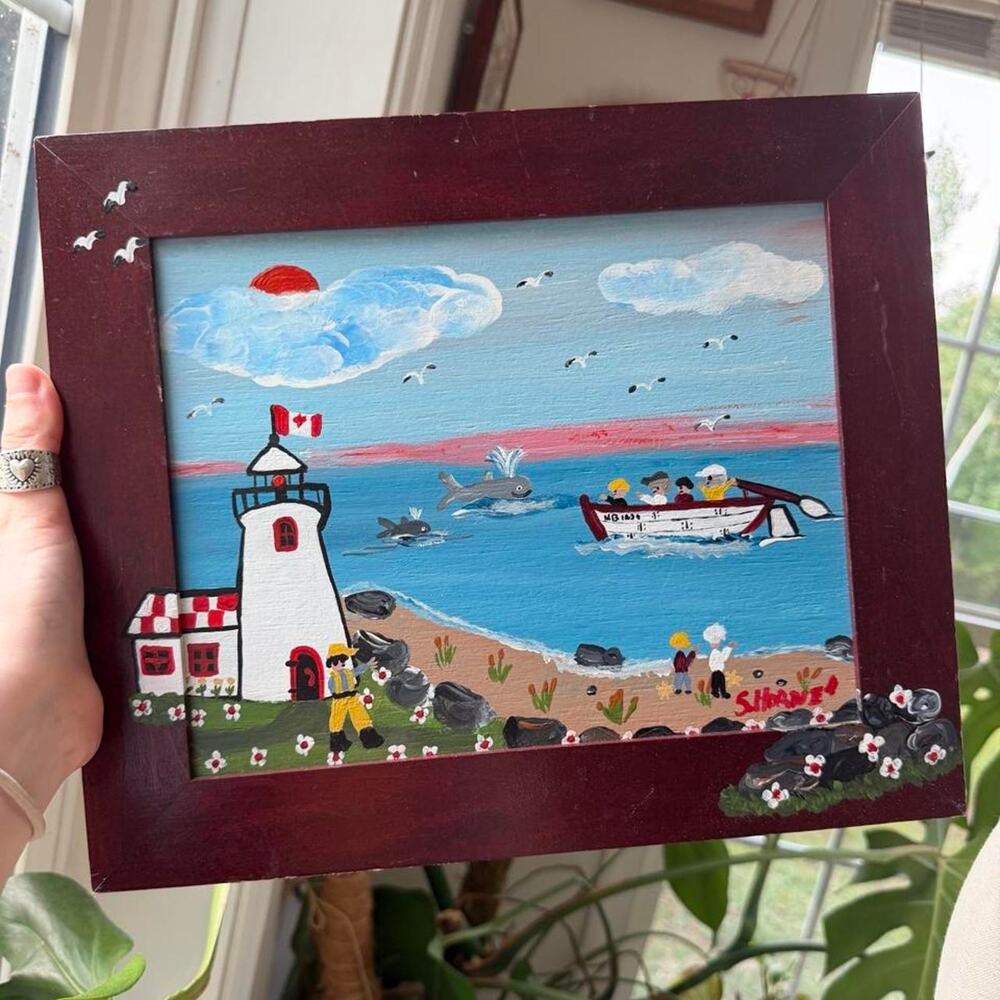 Coastal Naive Framed Lighthouse Painting -Outsider Art Style